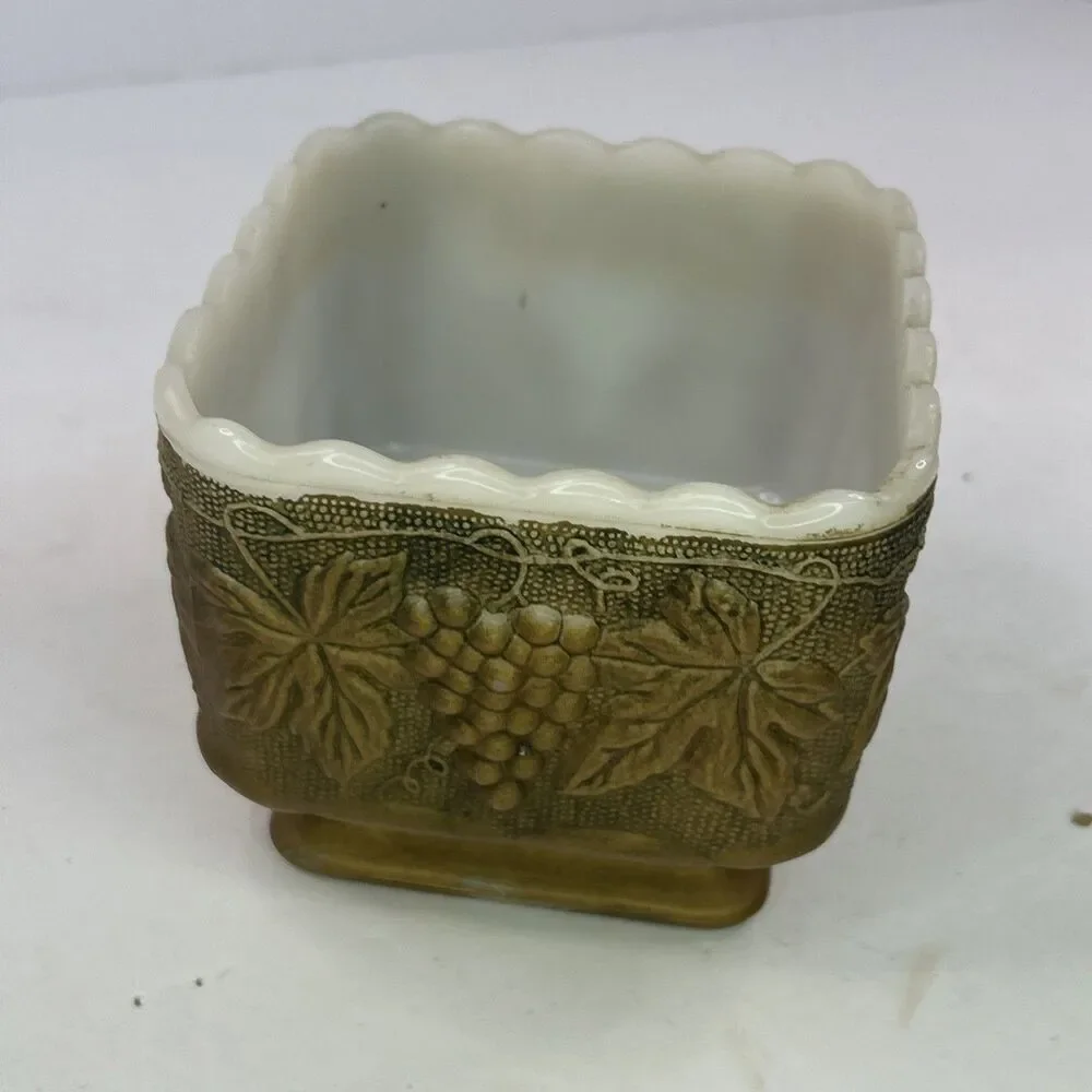 Vintage Indiana Glass Harvest Grape 4x4 Square Footed Candy Dish Gold Milk Glass